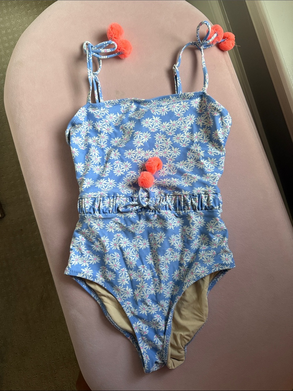 Shade Critters - Girls Blue Floral One-Piece Swimsuit with Coral Pom Detail
